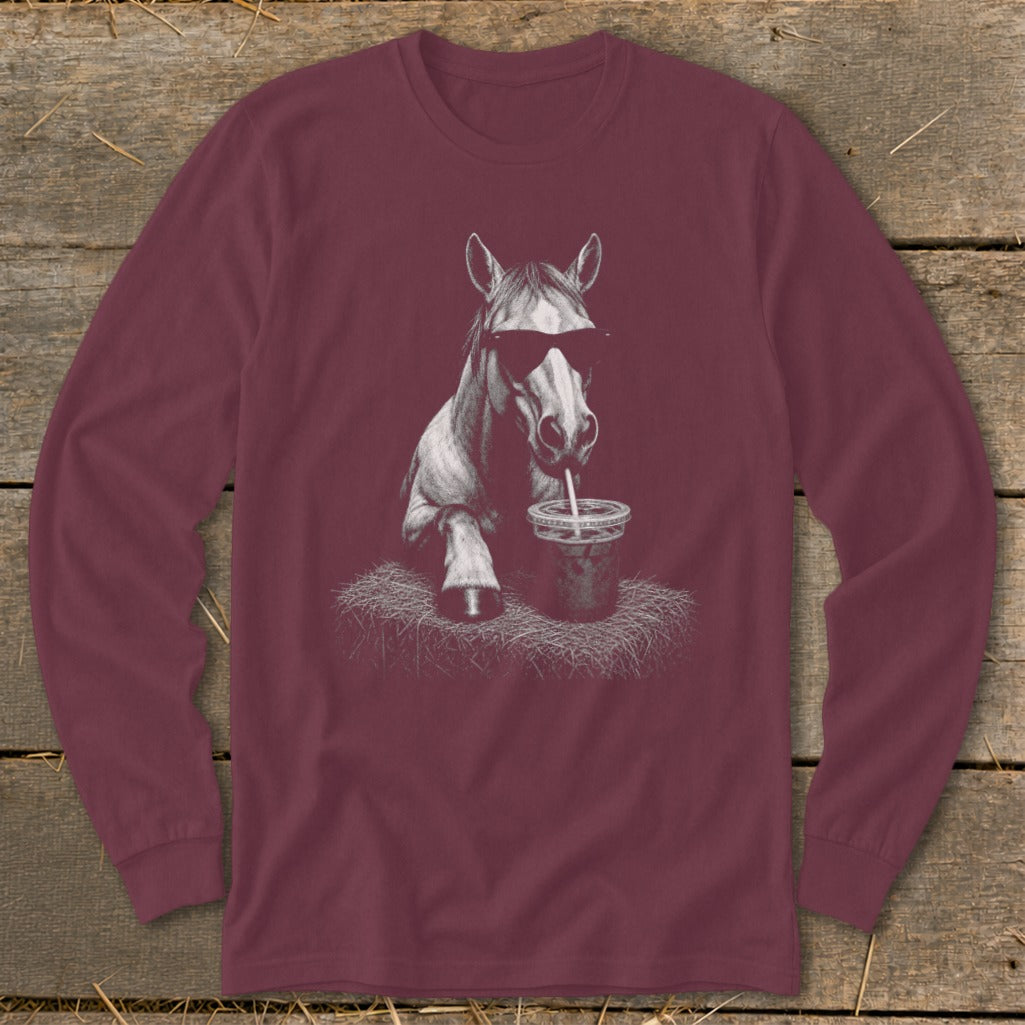 Long sleeve maroon t-shirt with a drawing of a horse wearing sunglasses drinking from a cup.