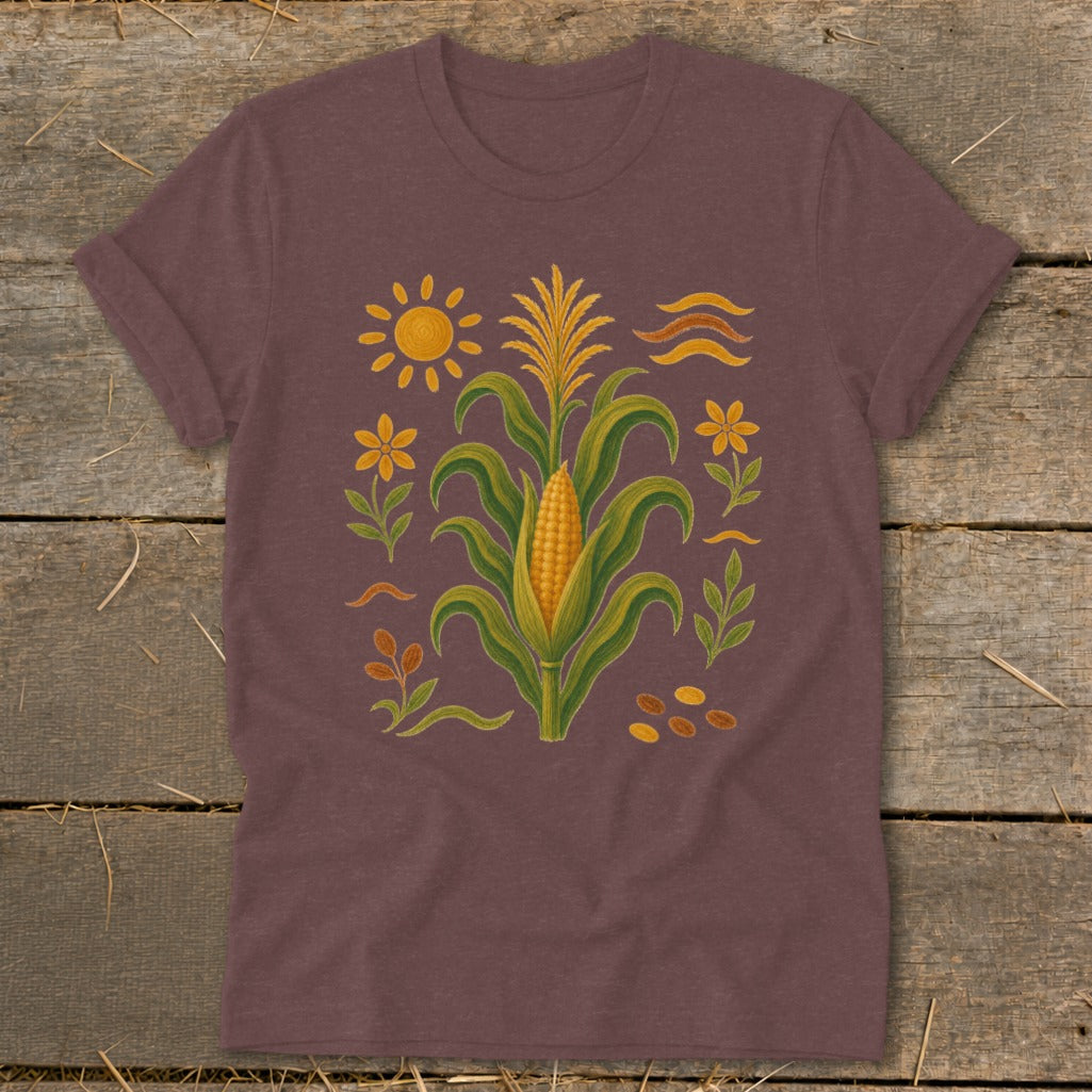 Brown t-shirt with corn stalk, sun, flowers, and leaves graphic.
