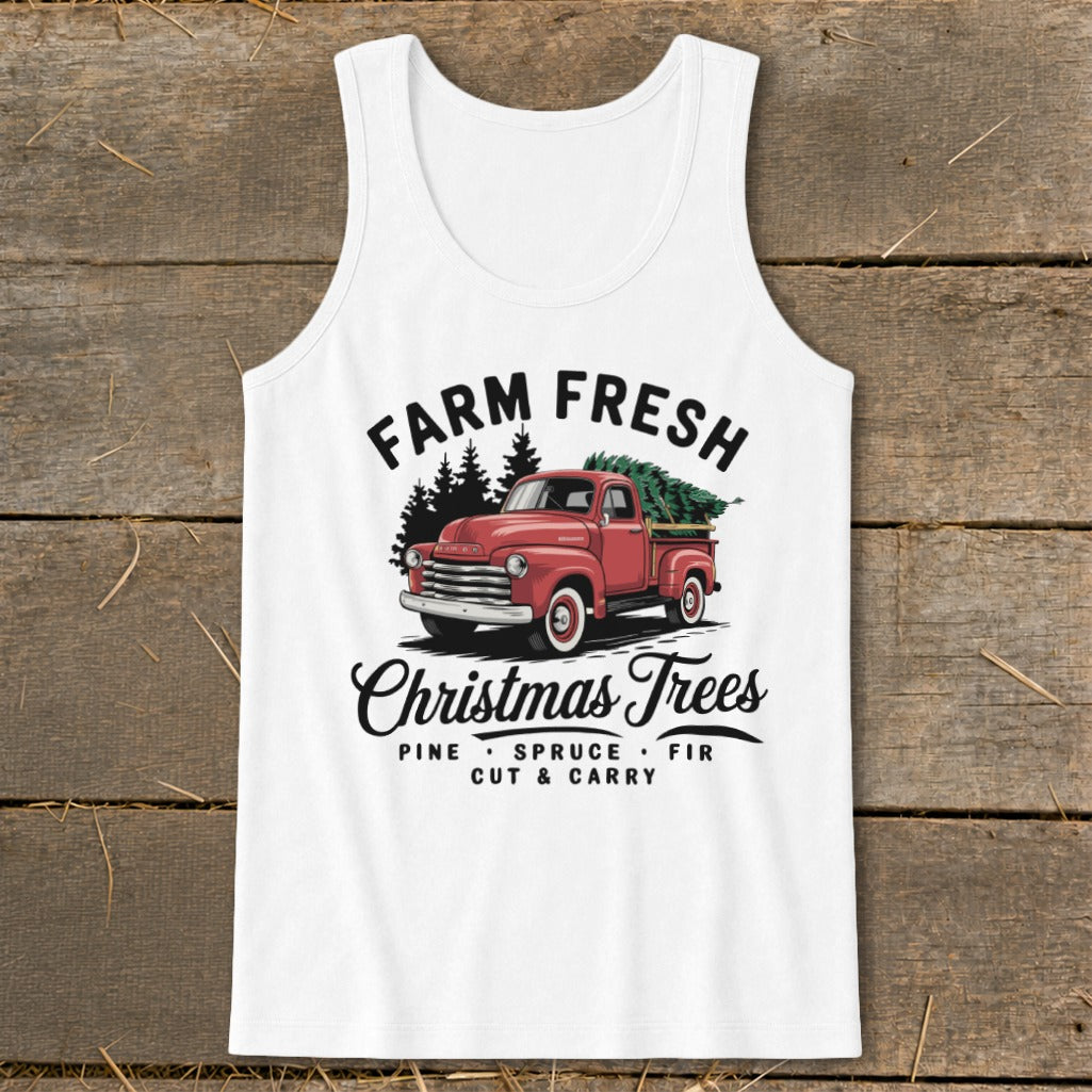 White tank top with vintage red truck graphic and "Farm Fresh Christmas Trees" text.
