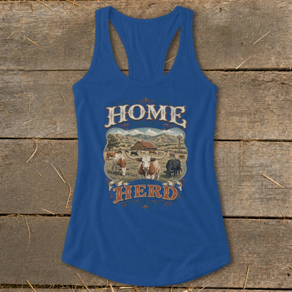 Blue tank top with "HOME IS WHERE THE HERD IS" and a farm scene graphic.