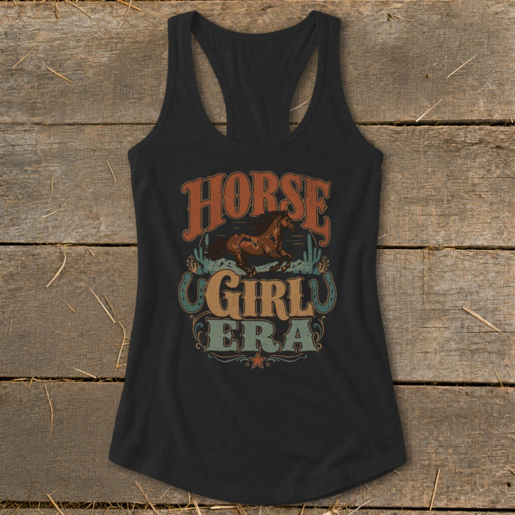 Black tank top with "Horse Girl Era" text and horse graphic.