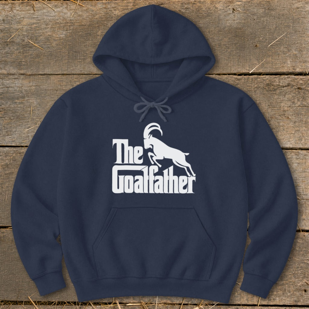 Navy hoodie with white "The Goatfather" text and goat silhouette graphic.