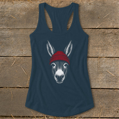 Dark blue women's racerback tank top featuring a graphic of a donkey wearing a red beanie.