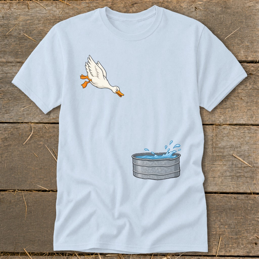 Cartoon of a white duck mid-flight over a galvanized metal water trough.