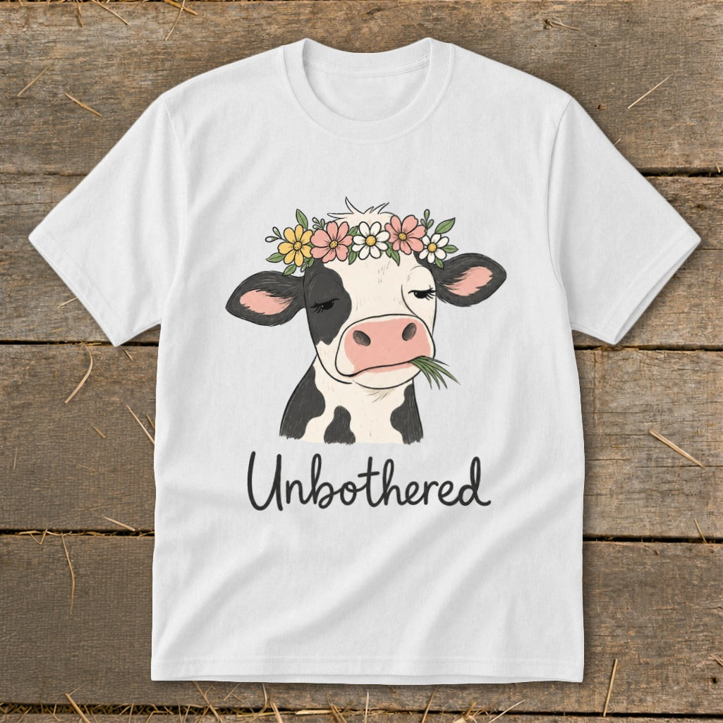 White t-shirt with a cow wearing a flower crown chewing grass, text "Unbothered".