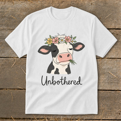 White t-shirt with a cow wearing a flower crown chewing grass, text "Unbothered".