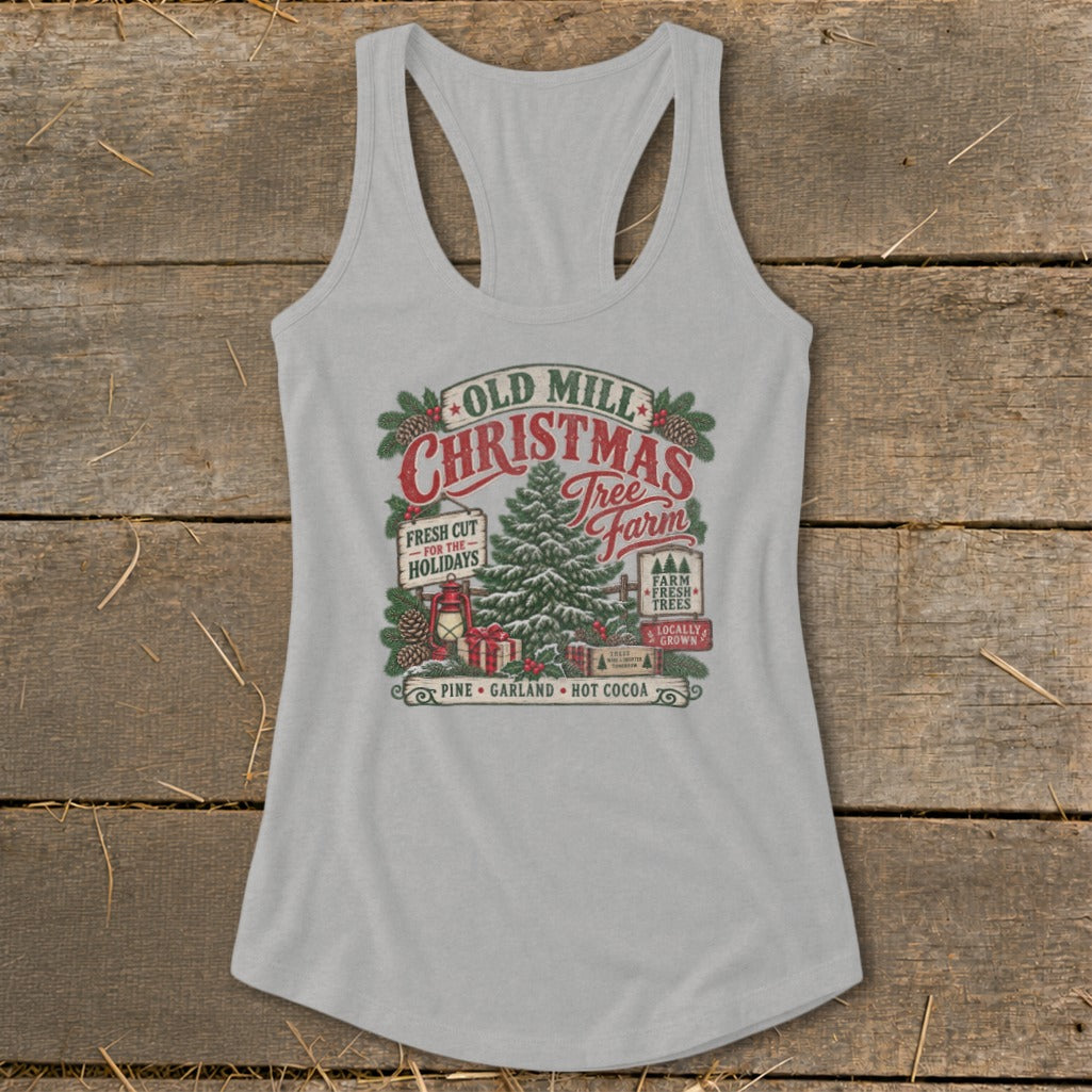 Christmas tree farm graphic with text: Old Mill Christmas Tree Farm, fresh cut for holidays, farm fresh trees, locally grown, pine, garland, hot cocoa.