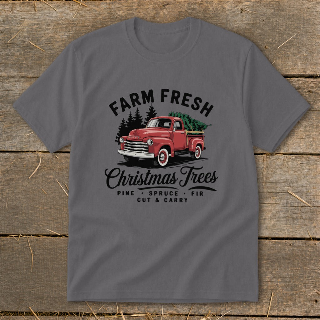 Farm fresh Christmas Trees graphic with red truck carrying pine, spruce, and fir trees.