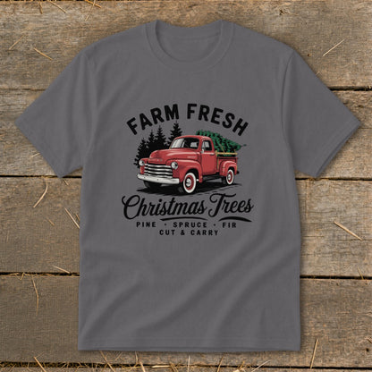 Farm fresh Christmas Trees graphic with red truck carrying pine, spruce, and fir trees.