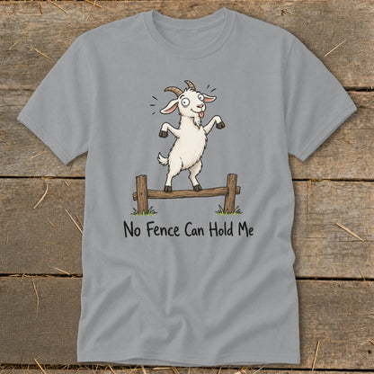 Gray t-shirt with cartoon goat on a fence, text "No Fence Can Hold Me".