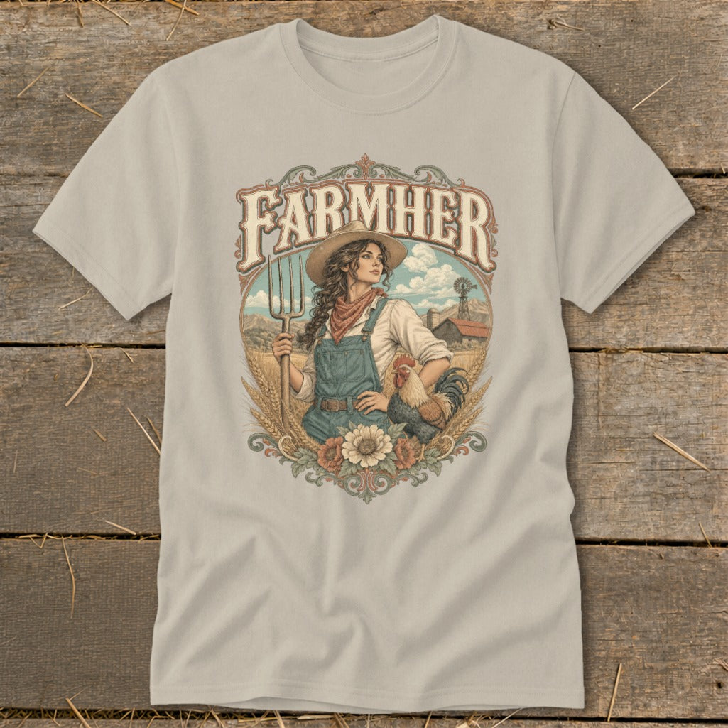 Farmer graphic with a woman holding a pitchfork, rooster, farm, and wheat.