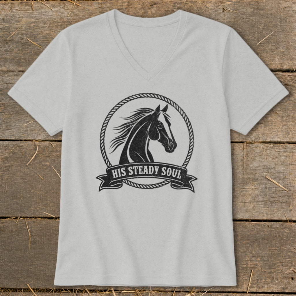 Grey V-neck t-shirt with black horse head graphic and "HIS STEADY SOUL" text.