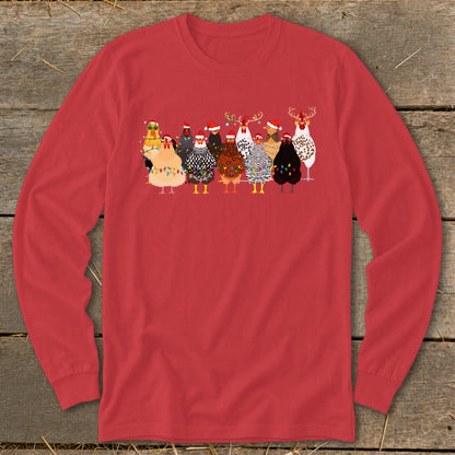 T-shirt with a row of chickens wearing Santa hats and Christmas lights.
