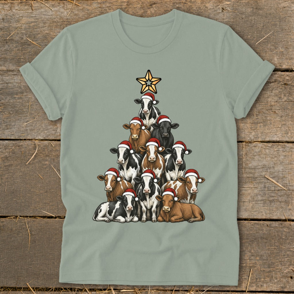 Christmas tree made of cows wearing Santa hats with a star topper.