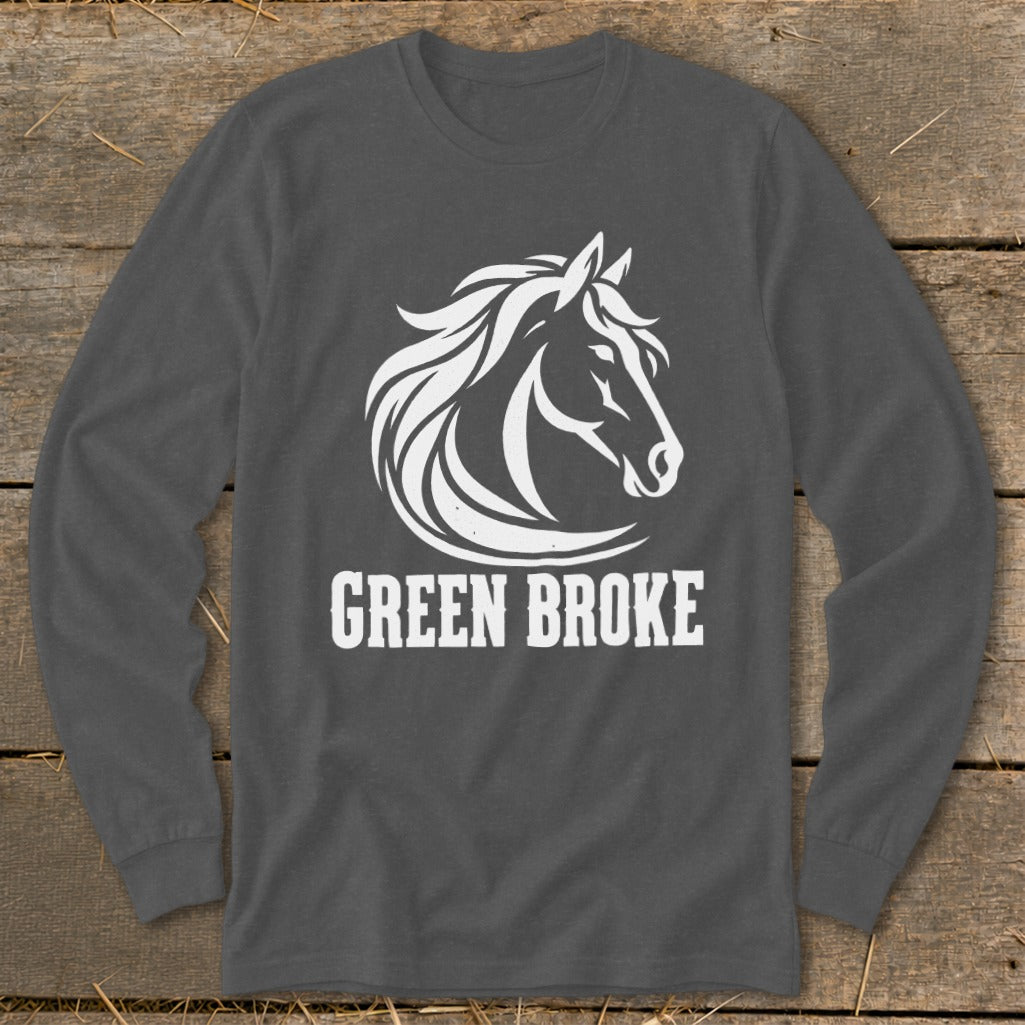 Dark gray long-sleeve t-shirt with a white graphic of a horse's head and the text "GREEN BROKE".