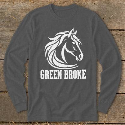 Dark gray long-sleeve t-shirt with a white graphic of a horse's head and the text "GREEN BROKE".