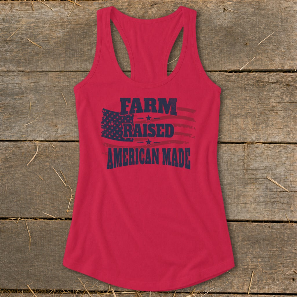 Red tank top with "Farm Raised American Made" text and distressed American flag.