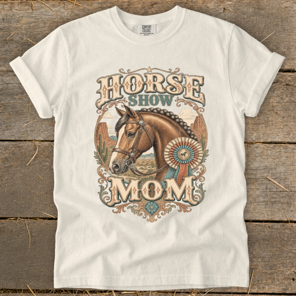 White t-shirt with "Horse Show Mom" text and a horse graphic.