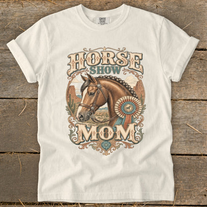 White t-shirt with "Horse Show Mom" text and a horse graphic.