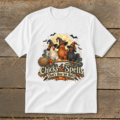 Three witches hats on chickens flying on a broom with text "Chicks & Spells".