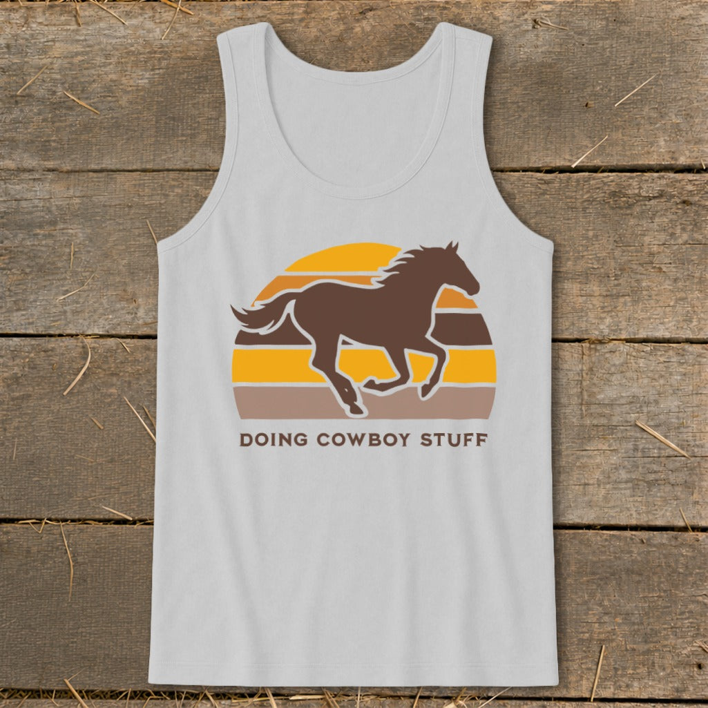 Light grey tank top with brown running horse and sunset graphic and text.