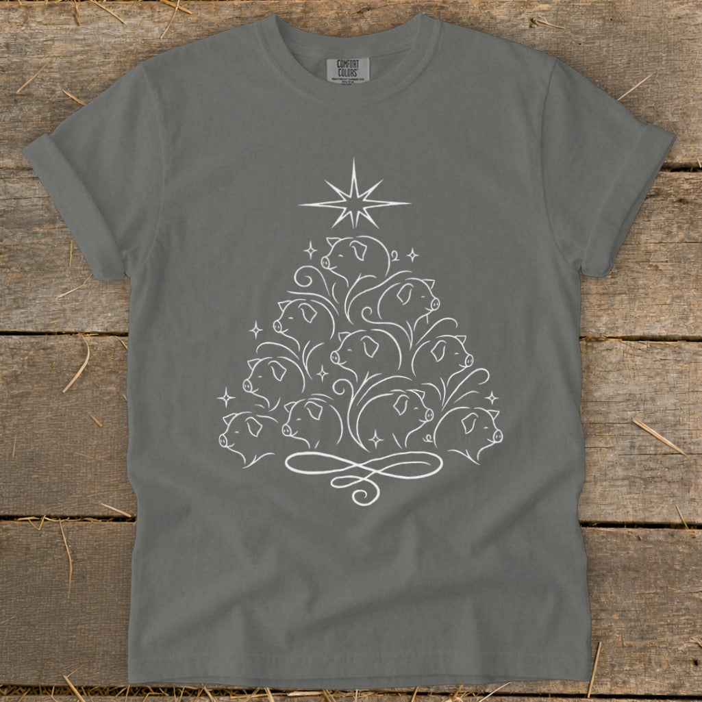 Gray t-shirt with white line art of a Christmas tree made of pigs.