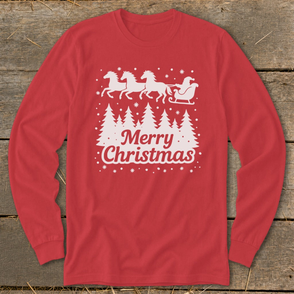 Red long-sleeve shirt with white Christmas trees, Santa in sleigh pulled by horses, and text "Merry Christmas."