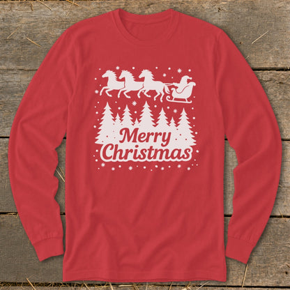 Red long-sleeve shirt with white Christmas trees, Santa in sleigh pulled by horses, and text "Merry Christmas."