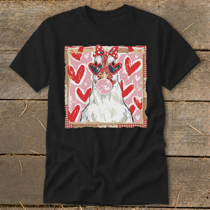 Chicken wearing heart sunglasses and a bow blows bubblegum surrounded by red hearts.