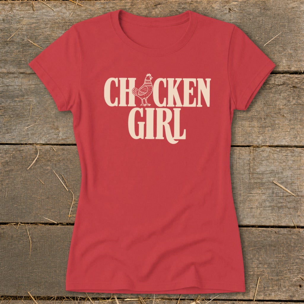 Red t-shirt with cream text "CHICKEN GIRL" and a chicken graphic.