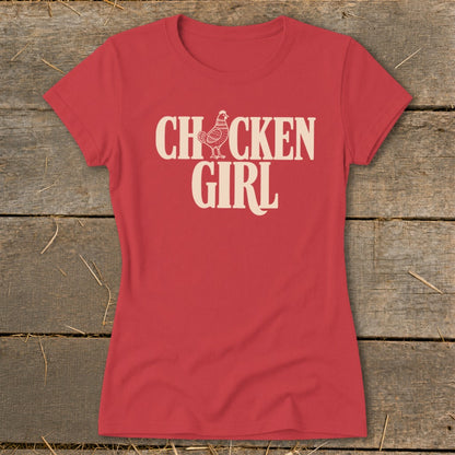 Red t-shirt with cream text "CHICKEN GIRL" and a chicken graphic.