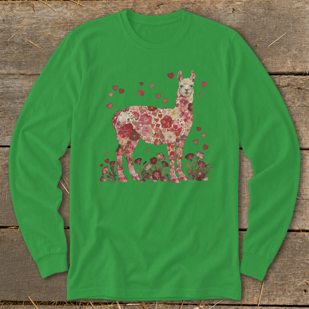Green long-sleeve shirt with floral alpaca and heart design.