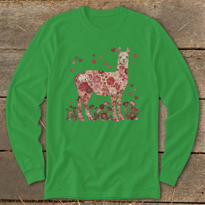 Green long-sleeve shirt with floral alpaca and heart design.