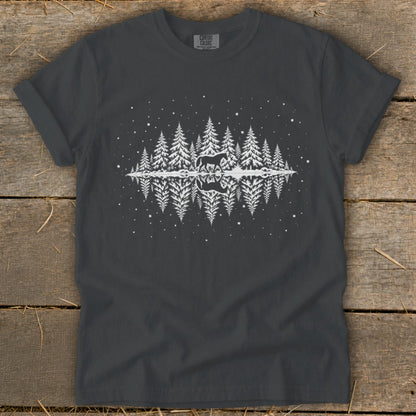 Dark grey t-shirt with white forest, deer, and reflection graphic.