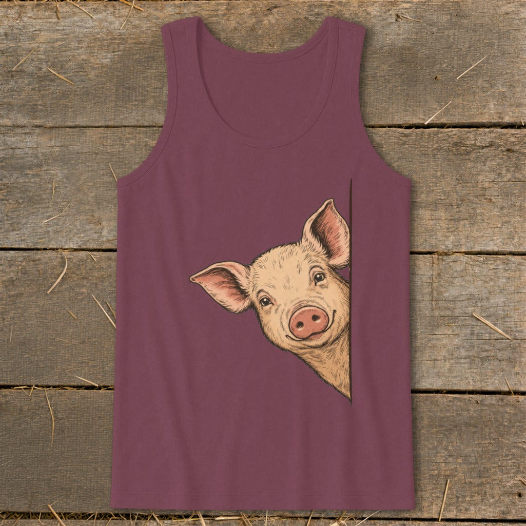 Burgundy tank top with a drawing of a pig peeking from the side.