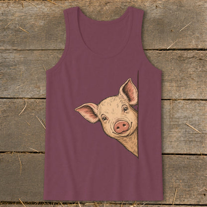 Burgundy tank top with a drawing of a pig peeking from the side.