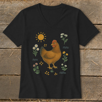 Black t-shirt with a brown chicken illustration and surrounding wildflowers.
