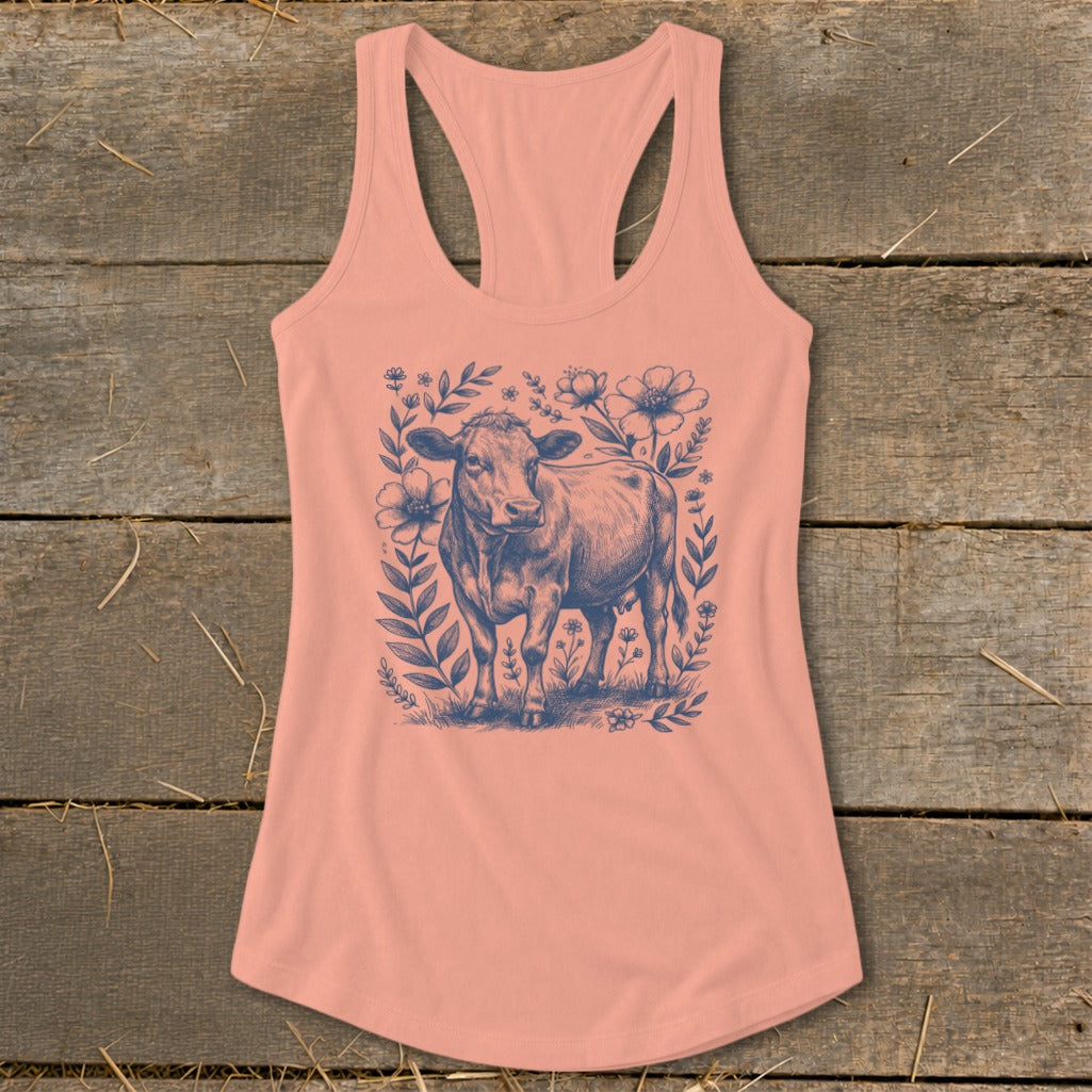 Peach tank top with a navy blue sketch of a cow surrounded by flowers and leaves.
