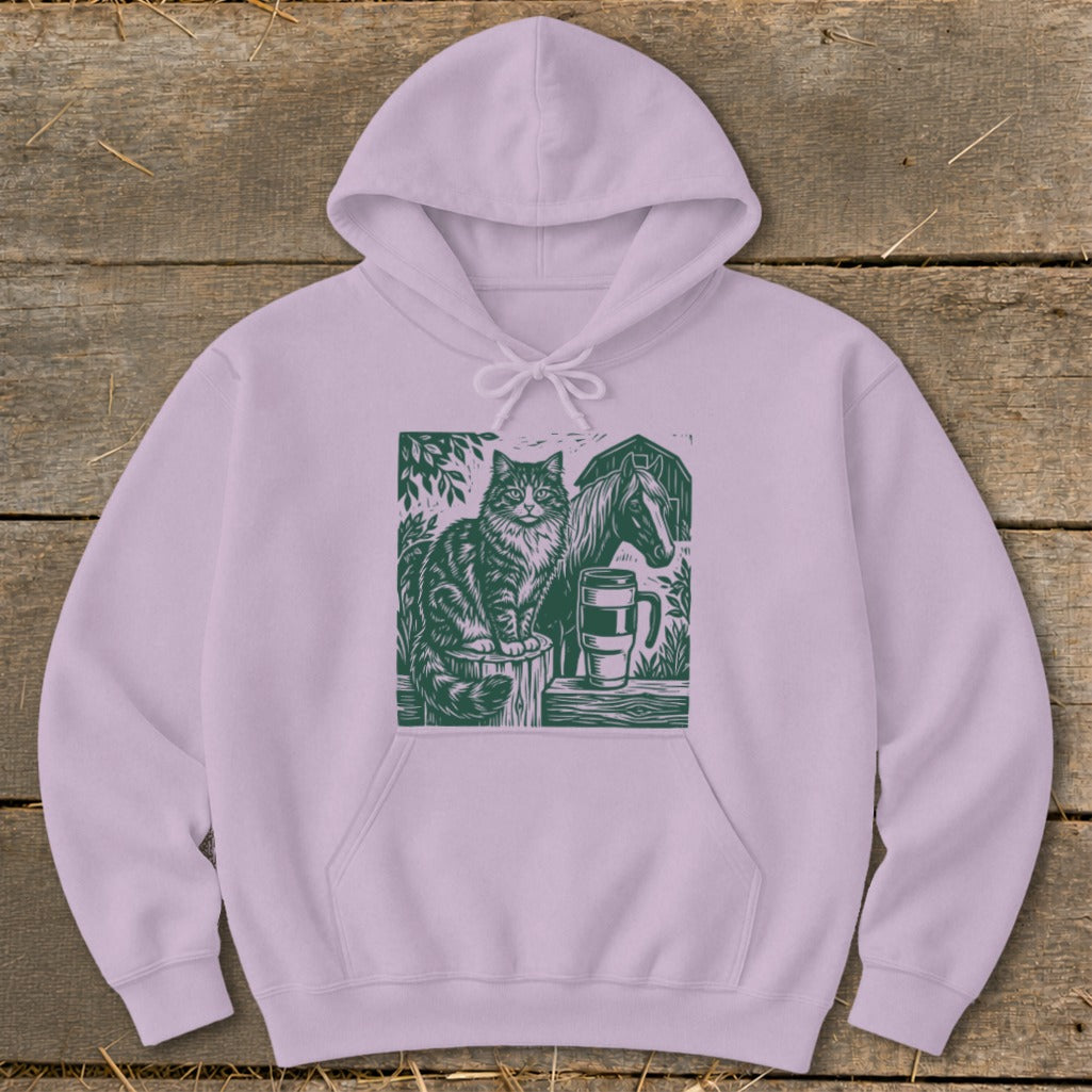 Lavender hoodie with a green linocut-style graphic of a cat and horse.