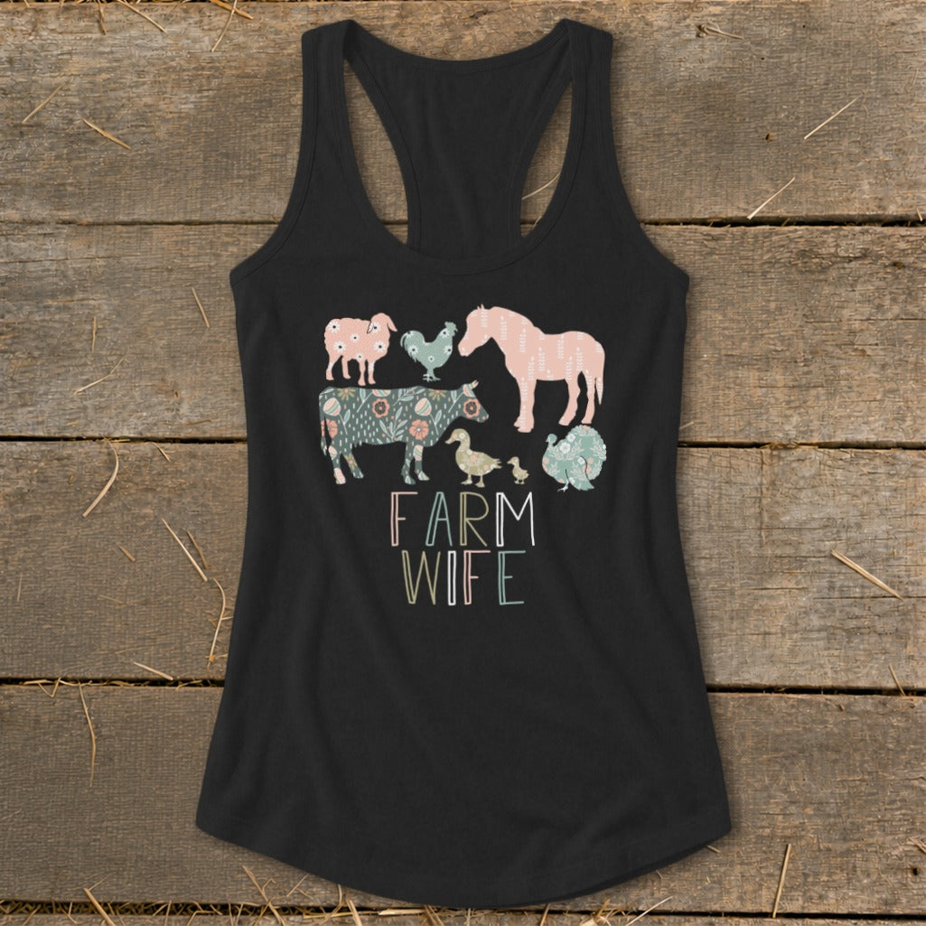 Black tank top with "FARM WIFE" text and a collection of farm animals.