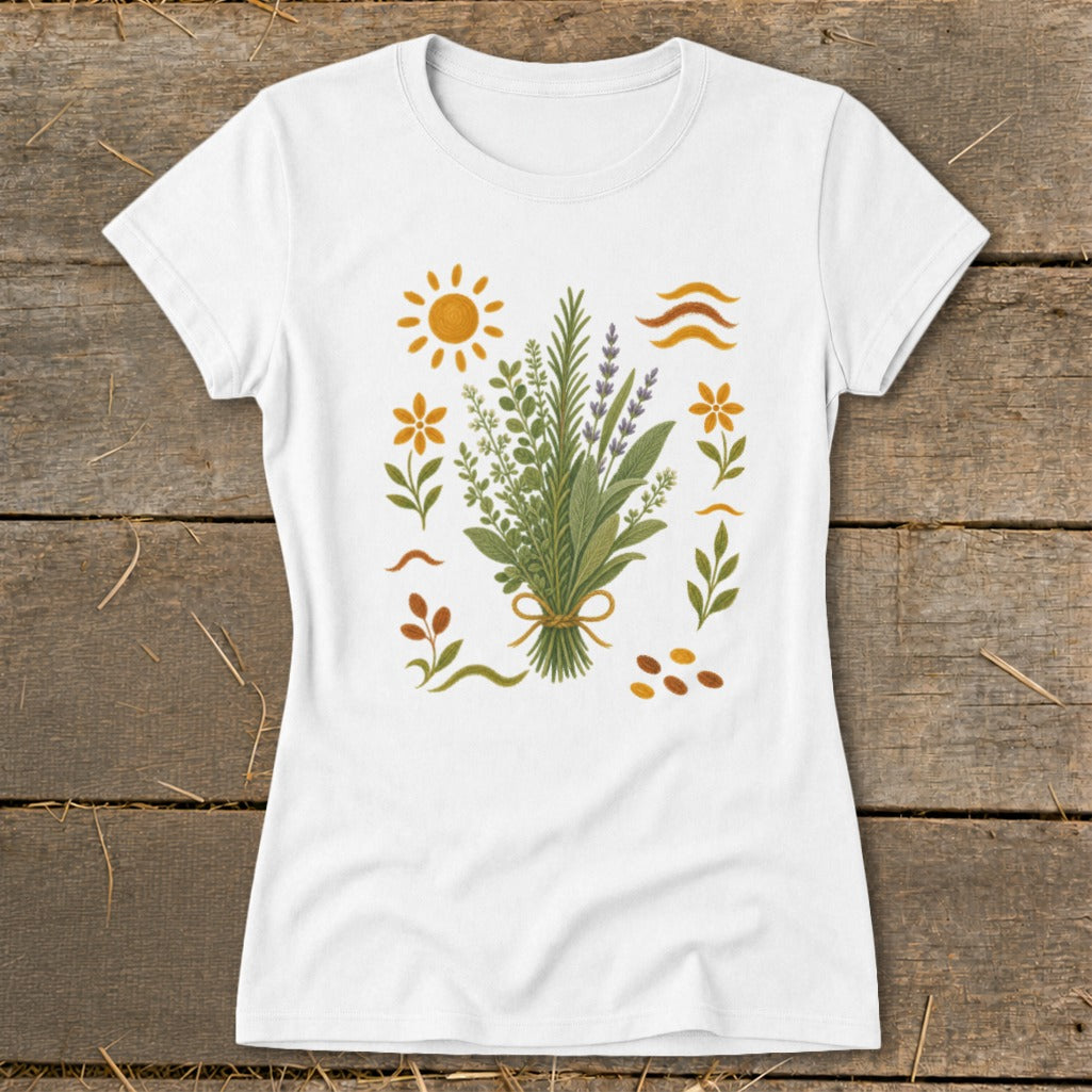 White t-shirt with a bouquet of herbs and whimsical sun and flower illustrations.