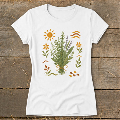 White t-shirt with a bouquet of herbs and whimsical sun and flower illustrations.