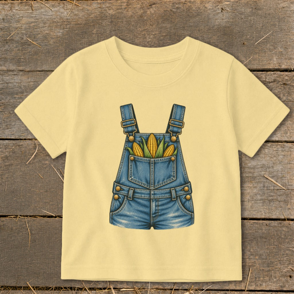 Yellow t-shirt with denim overalls graphic filled with corn.