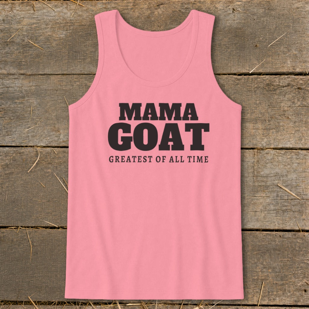 Pink tank top with "MAMA GOAT GREATEST OF ALL TIME" text.