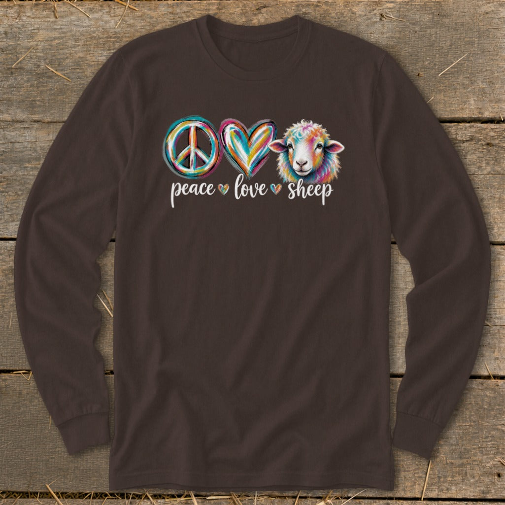 Brown long-sleeve shirt with peace, love, and sheep graphic.