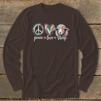 Brown long-sleeve shirt with peace, love, and sheep graphic.