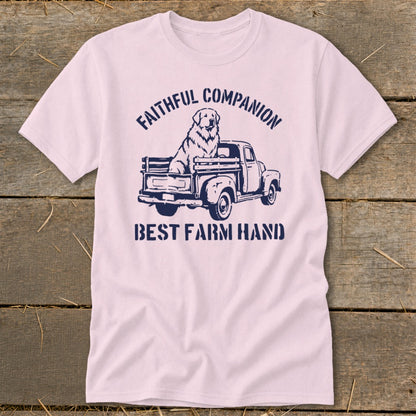 Light pink t-shirt with navy graphic of a dog in a truck and text "FAITHFUL COMPANION BEST FARM HAND".
