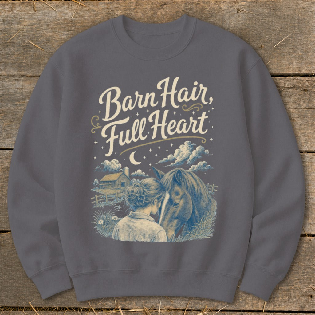 Crewneck sweatshirt with "Barn Hair, Full Heart" text and illustration of a girl and horse.