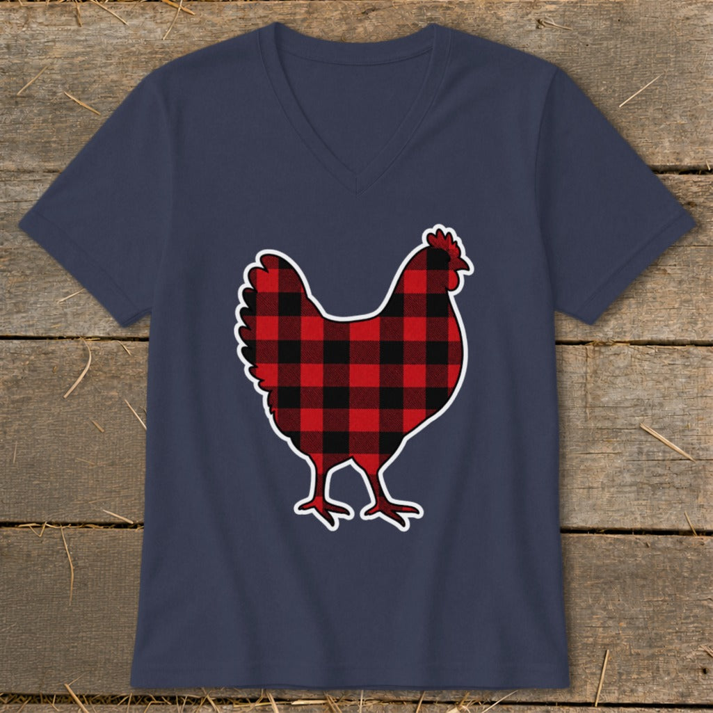 Navy V-neck t-shirt with a red and black buffalo plaid chicken graphic.