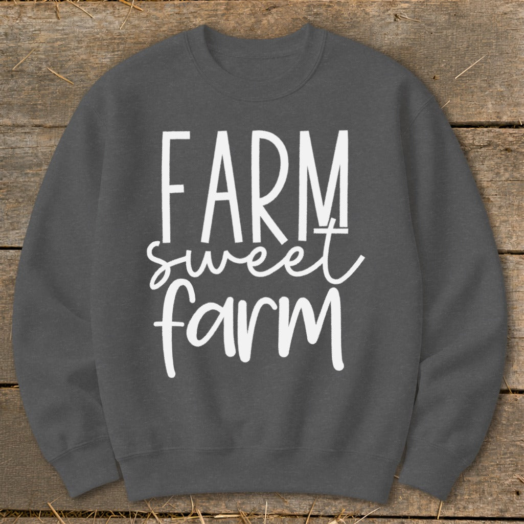 Dark grey sweatshirt with white text that reads "FARM sweet farm."
